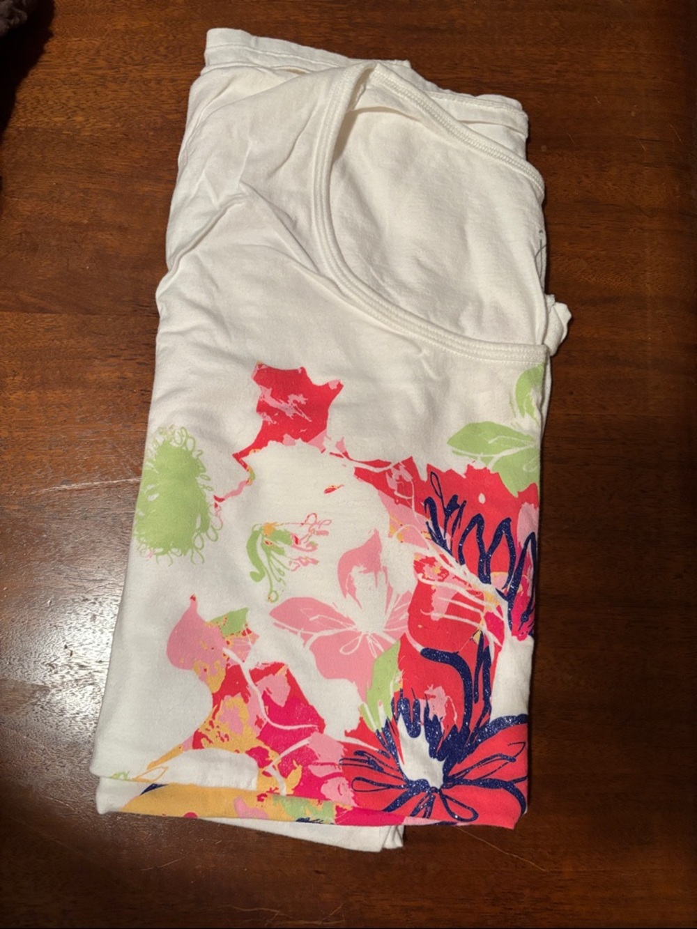 Just My Size White Short Sleeve Tee with Pink, Green & Blue Floral Print